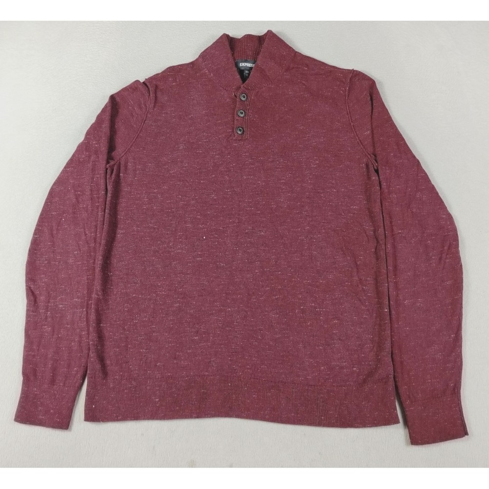 Express Sweater Mens Medium Red Henley Shawl Neck Cotton Knit Cabincore Cozycore